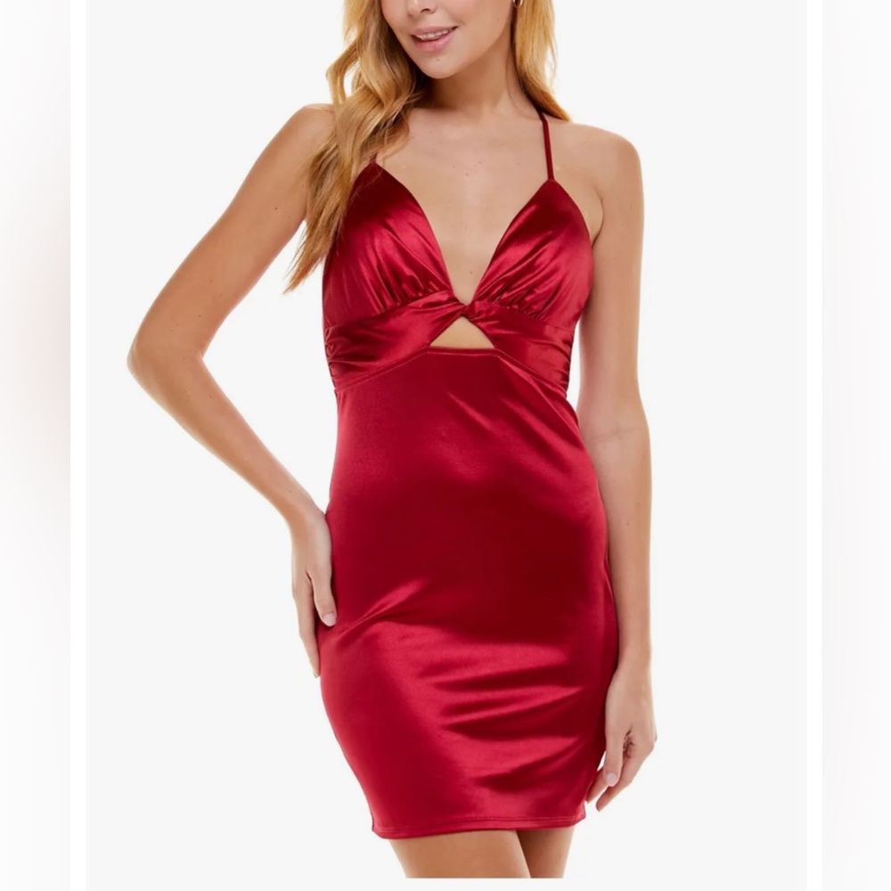 CITY STUDIO Womens Red Twist Front Crisscross Straps Zippere Short Dress XS